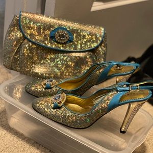 Shoe and bag,Sky blue, gold pumps, size 41